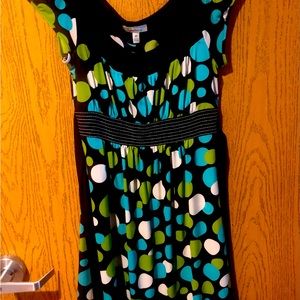 Polka dot green, blue, & white mid length dress